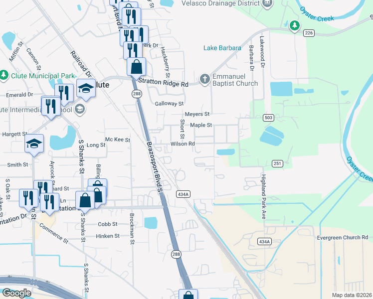 map of restaurants, bars, coffee shops, grocery stores, and more near 103 Ralph Street in Clute