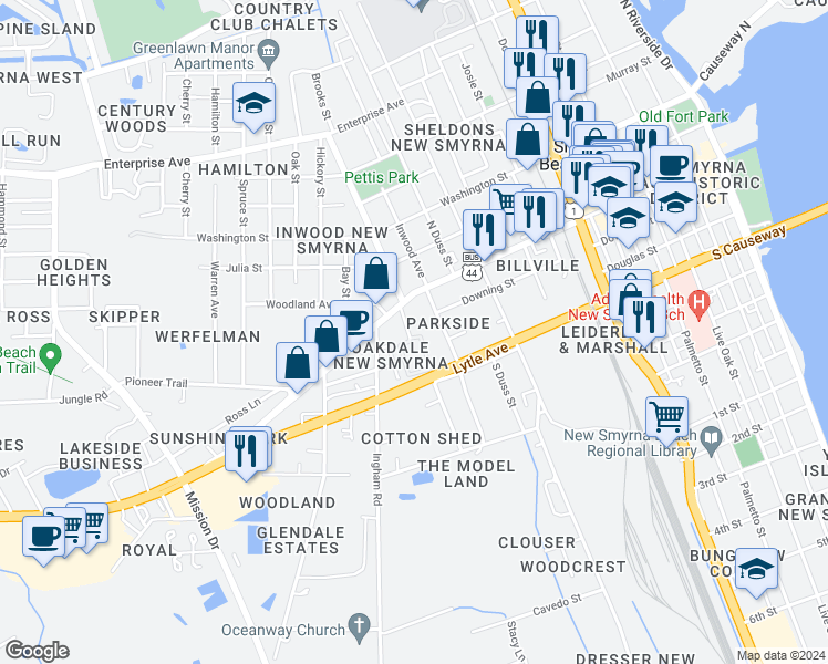 map of restaurants, bars, coffee shops, grocery stores, and more near 110 Park Boulevard in New Smyrna Beach