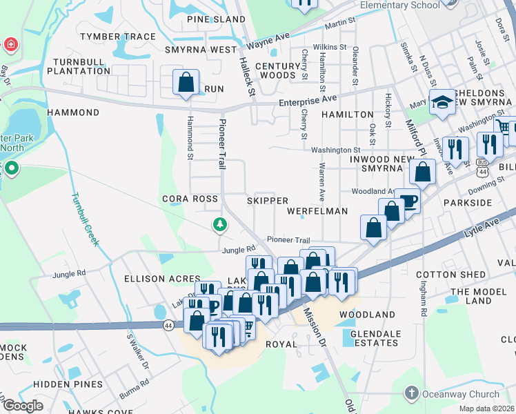 map of restaurants, bars, coffee shops, grocery stores, and more near 293 Newcomb Street in New Smyrna Beach