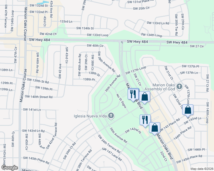 map of restaurants, bars, coffee shops, grocery stores, and more near 13533 Southwest 40th Circle in Ocala