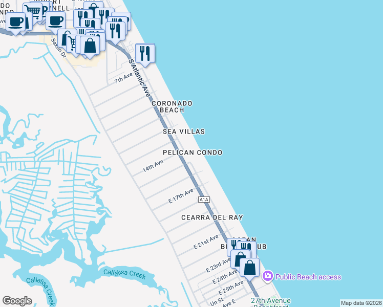 map of restaurants, bars, coffee shops, grocery stores, and more near 2401 South Atlantic Avenue in New Smyrna Beach