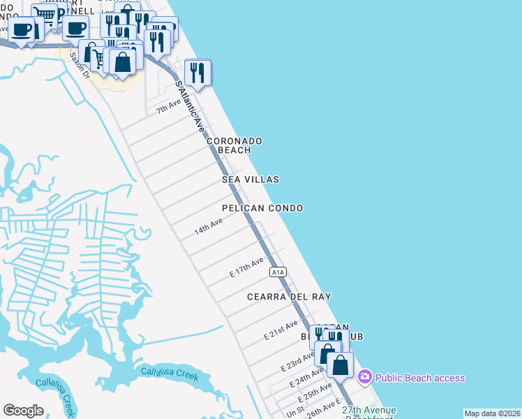 map of restaurants, bars, coffee shops, grocery stores, and more near 2401 South Atlantic Avenue in New Smyrna Beach