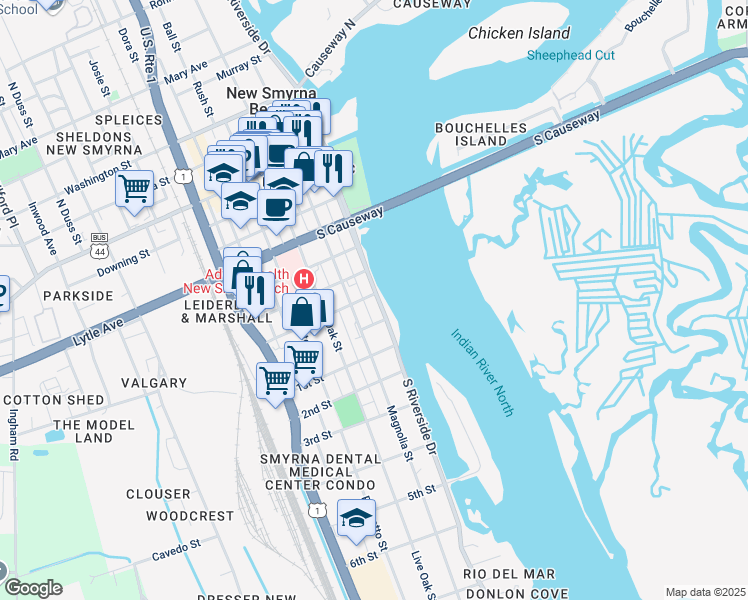map of restaurants, bars, coffee shops, grocery stores, and more near 616 South Riverside Drive in New Smyrna Beach
