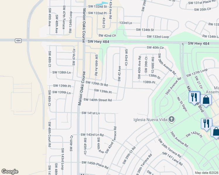 map of restaurants, bars, coffee shops, grocery stores, and more near 4311 Southwest 139th Street Road in Ocala