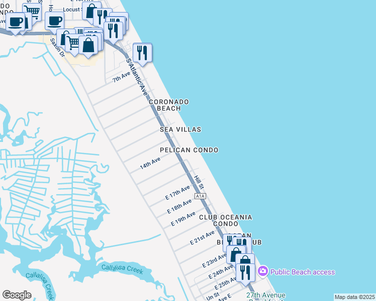 map of restaurants, bars, coffee shops, grocery stores, and more near 2401 South Atlantic Avenue in New Smyrna Beach