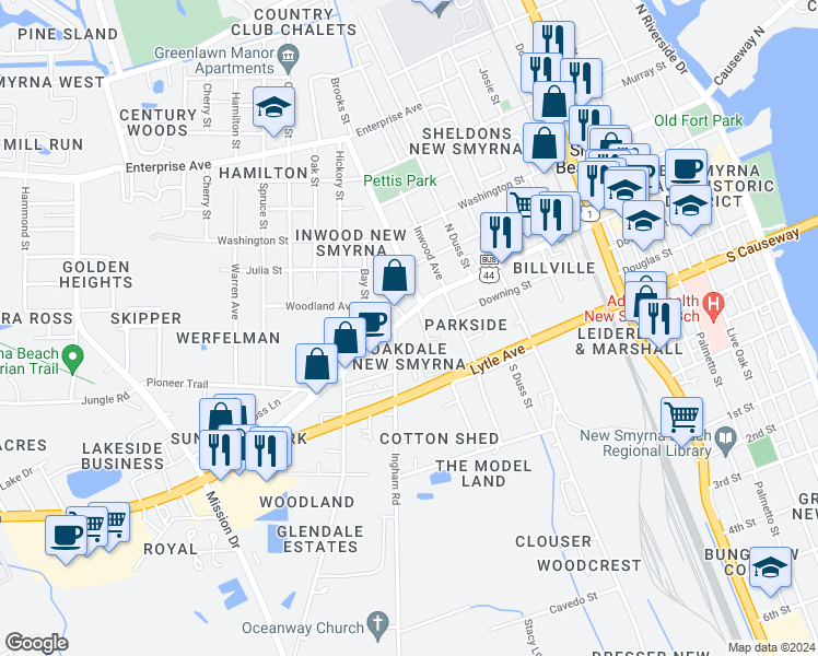 map of restaurants, bars, coffee shops, grocery stores, and more near 1001 Canal Street in New Smyrna Beach