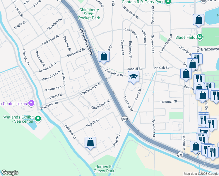 map of restaurants, bars, coffee shops, grocery stores, and more near 440 Highway 332 in Lake Jackson