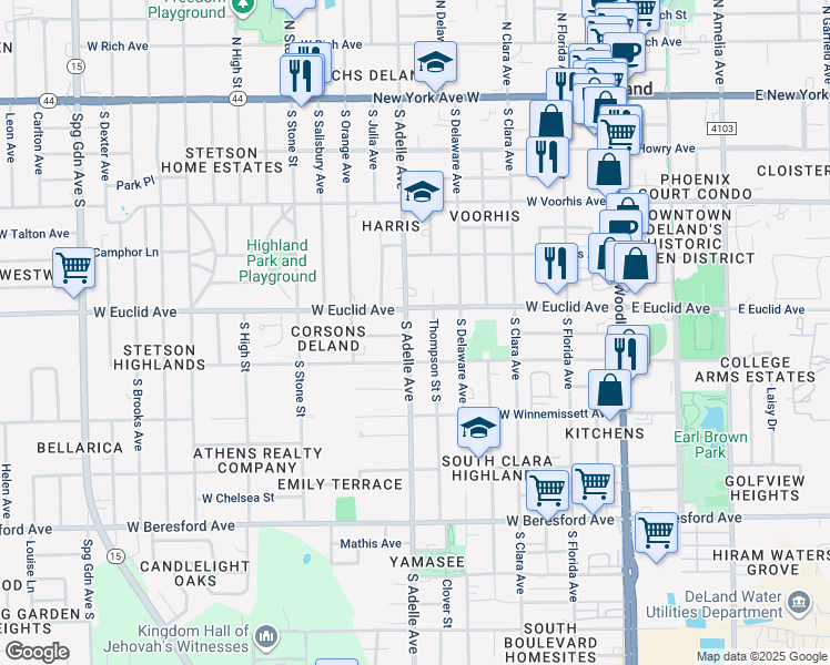 map of restaurants, bars, coffee shops, grocery stores, and more near 512 South Thompson Avenue in DeLand