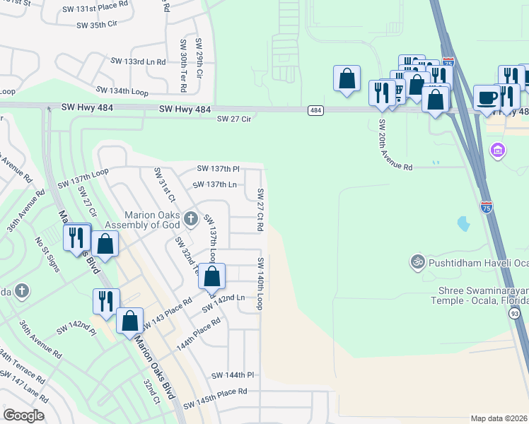 map of restaurants, bars, coffee shops, grocery stores, and more near 13829 Southwest 27 Court Road in Ocala