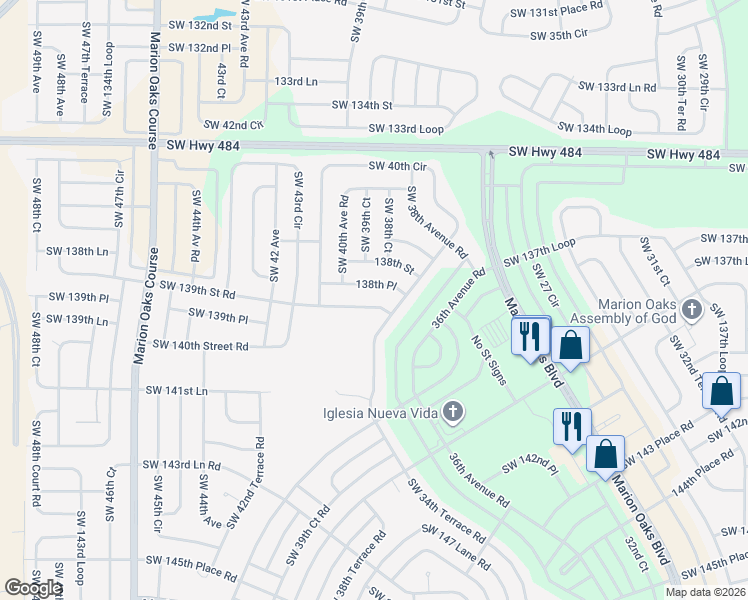 map of restaurants, bars, coffee shops, grocery stores, and more near 3928 Southwest 138th Place in Ocala