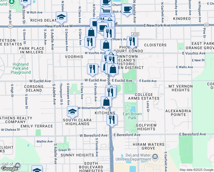 map of restaurants, bars, coffee shops, grocery stores, and more near 528 Florida 15 in DeLand