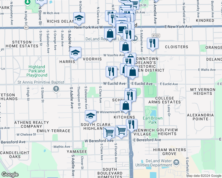 map of restaurants, bars, coffee shops, grocery stores, and more near 205 West Division Street in DeLand