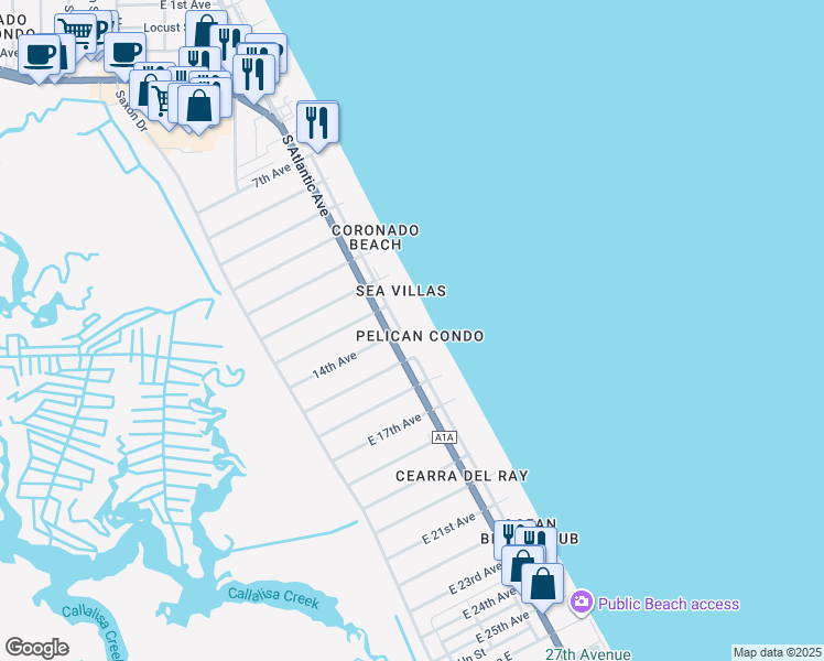 map of restaurants, bars, coffee shops, grocery stores, and more near 2307 South Atlantic Avenue in New Smyrna Beach