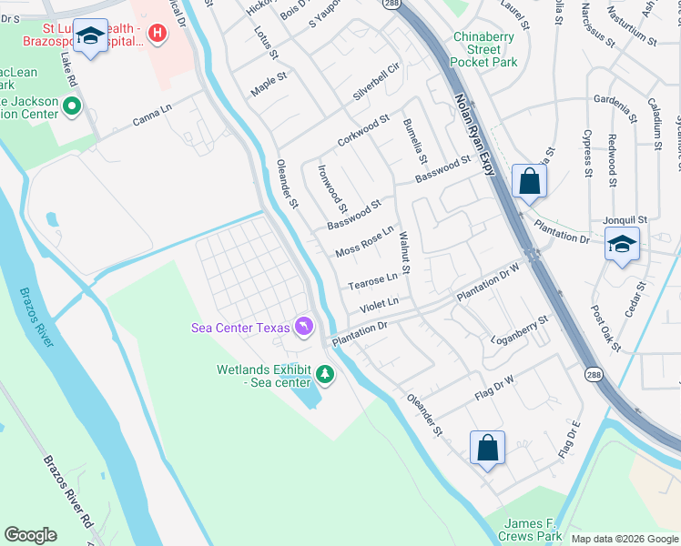 map of restaurants, bars, coffee shops, grocery stores, and more near 56 Mandevilla Court in Lake Jackson