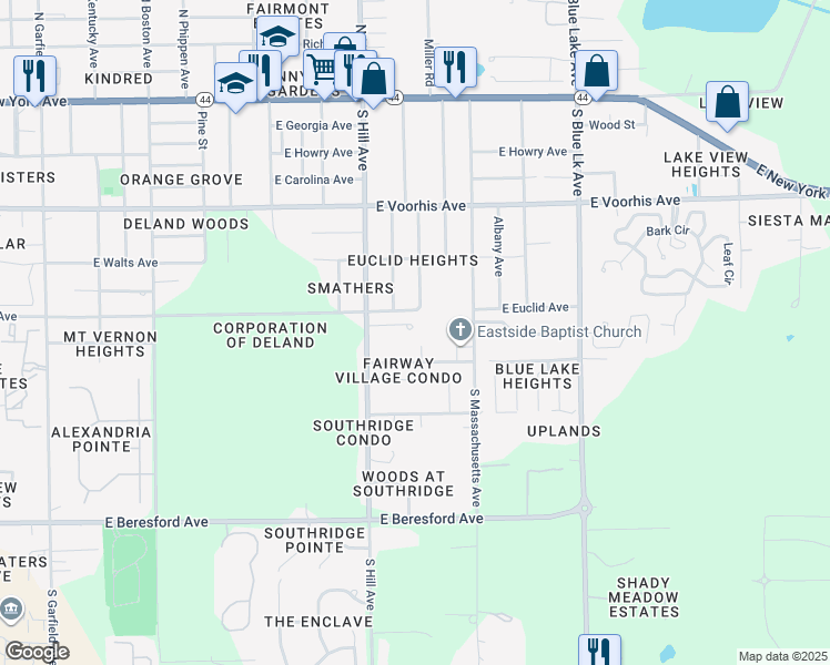 map of restaurants, bars, coffee shops, grocery stores, and more near 127 Hurst Court in DeLand