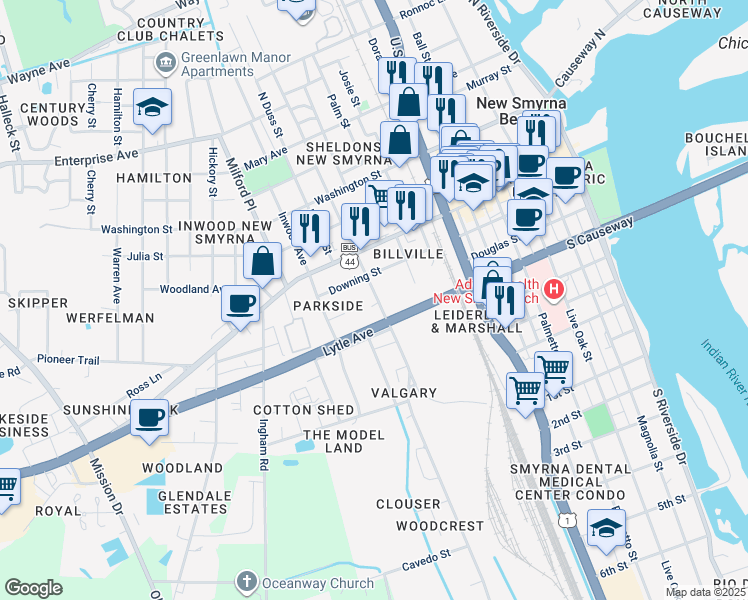 map of restaurants, bars, coffee shops, grocery stores, and more near 212 South Myrtle Avenue in New Smyrna Beach