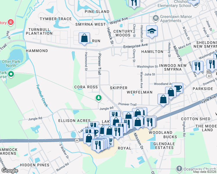 map of restaurants, bars, coffee shops, grocery stores, and more near 1980 Woodland Avenue in New Smyrna Beach