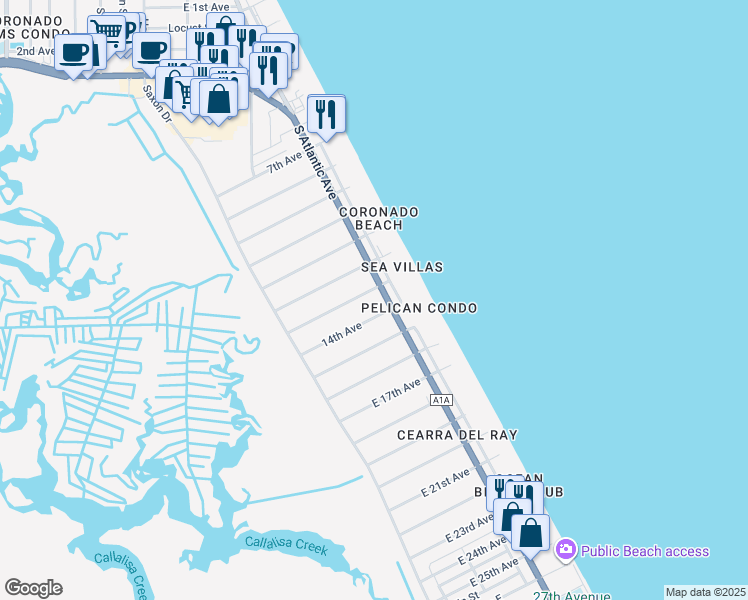 map of restaurants, bars, coffee shops, grocery stores, and more near 834 13th Avenue in New Smyrna Beach