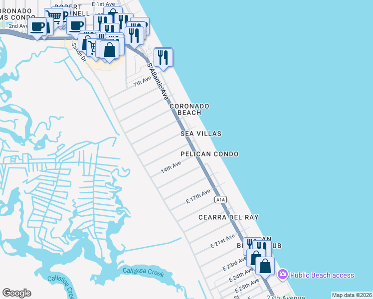 map of restaurants, bars, coffee shops, grocery stores, and more near 2300 South Atlantic Avenue in New Smyrna Beach