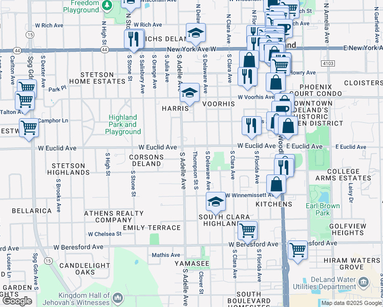 map of restaurants, bars, coffee shops, grocery stores, and more near 512 South Thompson Avenue in DeLand