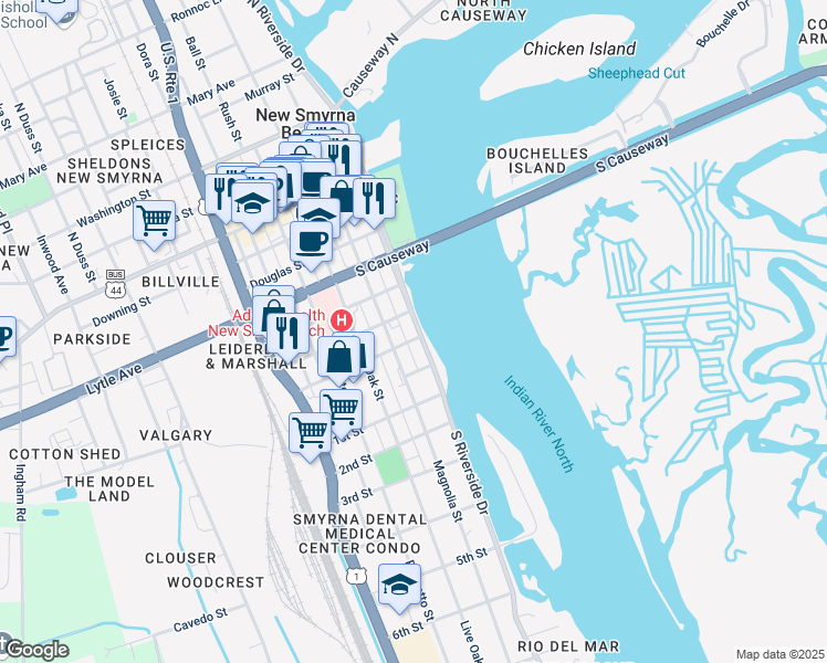 map of restaurants, bars, coffee shops, grocery stores, and more near 616 South Riverside Drive in New Smyrna Beach