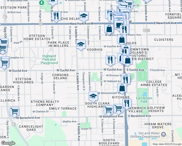 map of restaurants, bars, coffee shops, grocery stores, and more near 501 South Delaware Avenue in DeLand