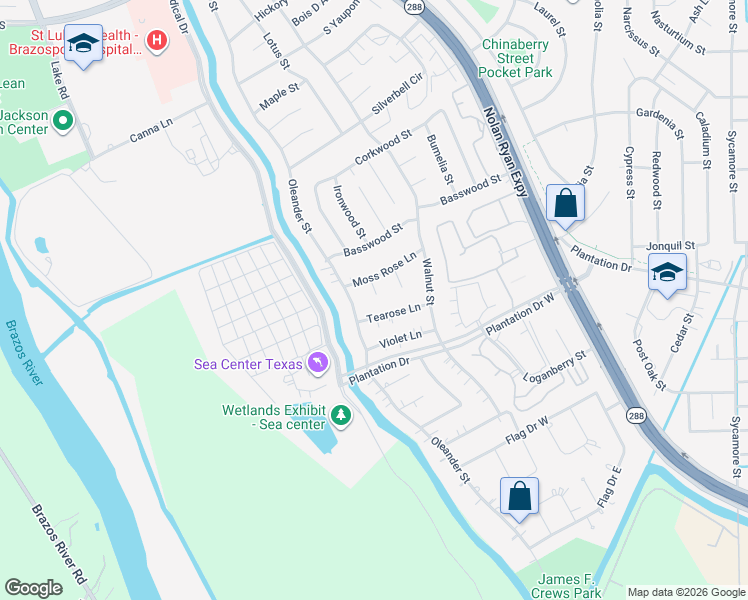 map of restaurants, bars, coffee shops, grocery stores, and more near 56 Mandevilla Court in Lake Jackson