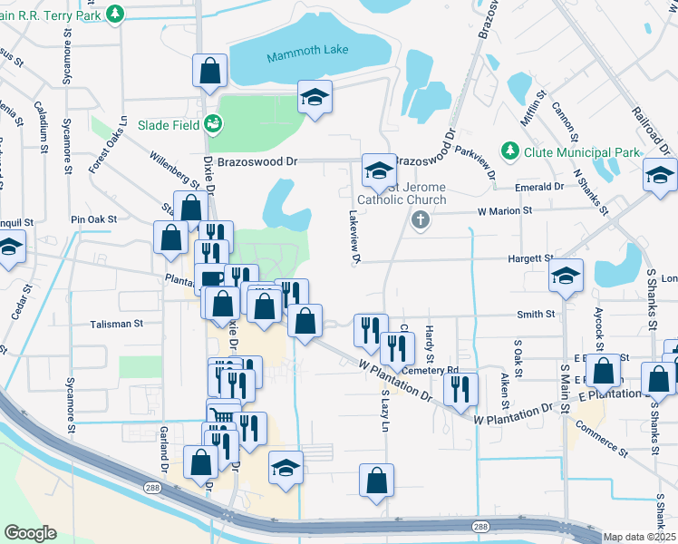 map of restaurants, bars, coffee shops, grocery stores, and more near 100 Lakeview Drive in Clute