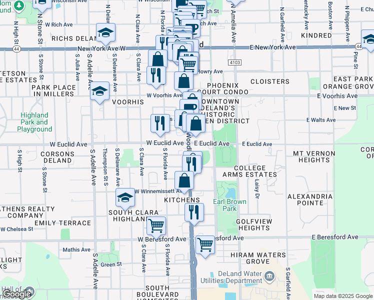 map of restaurants, bars, coffee shops, grocery stores, and more near 528 Florida 15 in DeLand