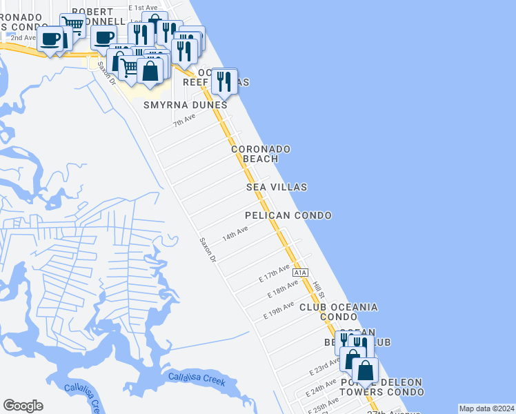 map of restaurants, bars, coffee shops, grocery stores, and more near 834 13th Avenue in New Smyrna Beach