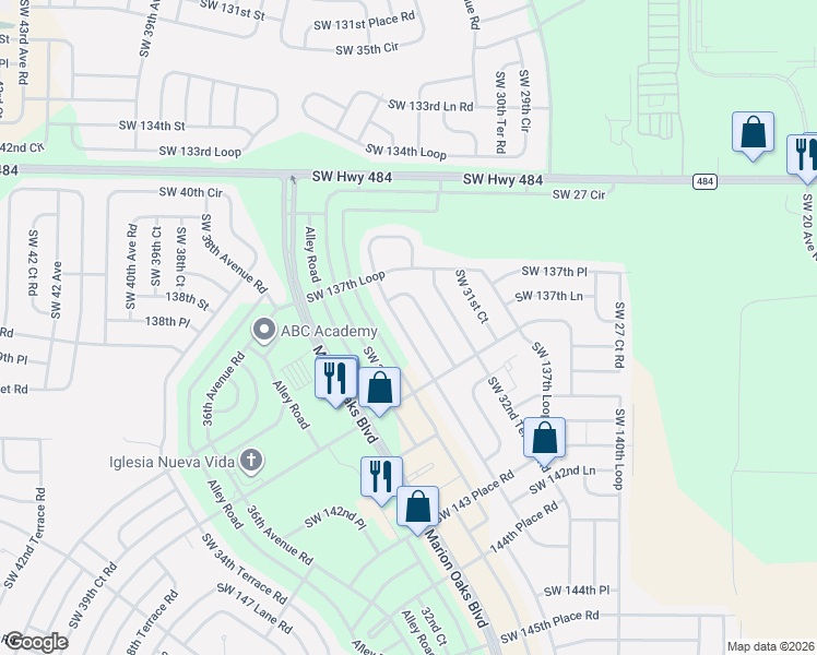 map of restaurants, bars, coffee shops, grocery stores, and more near 13822 Southwest 33rd Terrace in Ocala
