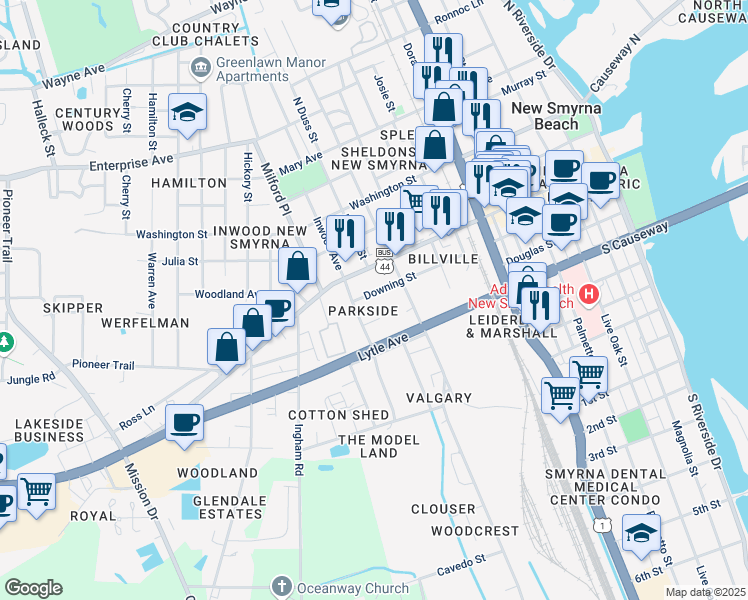 map of restaurants, bars, coffee shops, grocery stores, and more near 822 Downing Street in New Smyrna Beach