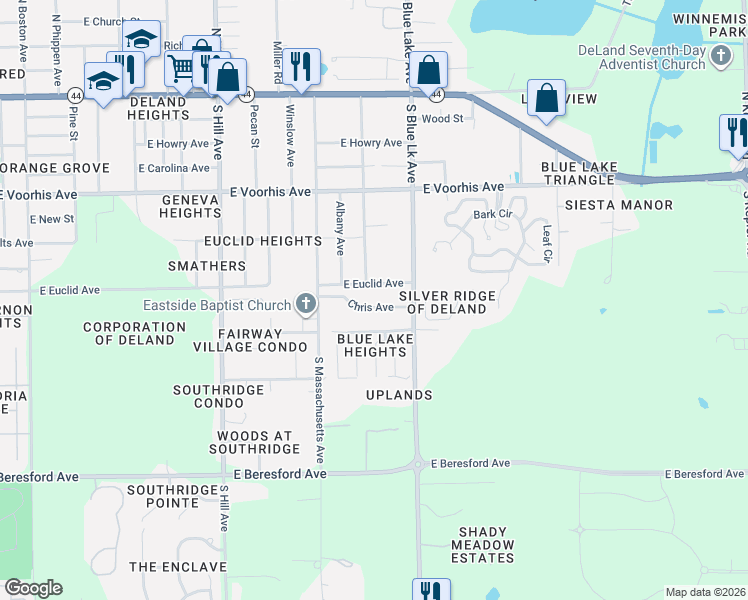 map of restaurants, bars, coffee shops, grocery stores, and more near 1415 Chris Avenue in DeLand