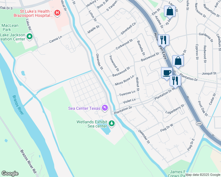 map of restaurants, bars, coffee shops, grocery stores, and more near 608 Oleander St in Lake Jackson