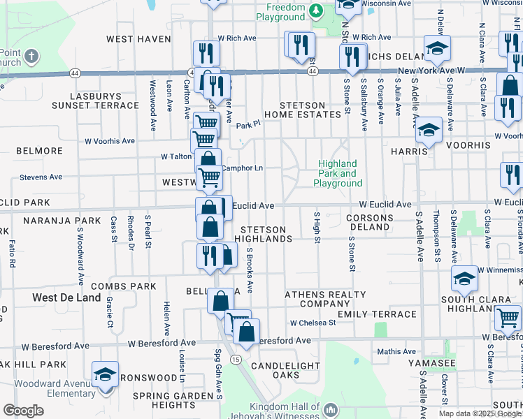 map of restaurants, bars, coffee shops, grocery stores, and more near 910 West Euclid Avenue in DeLand