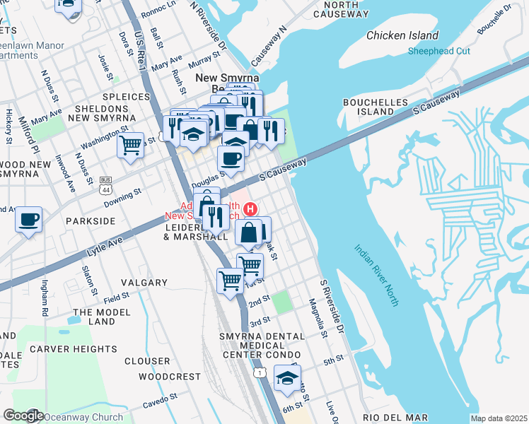 map of restaurants, bars, coffee shops, grocery stores, and more near 204 Anderson Street in New Smyrna Beach