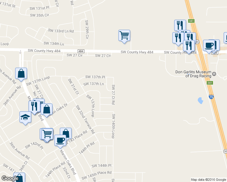 map of restaurants, bars, coffee shops, grocery stores, and more near 16374 Southwest 27th Terrace in Ocala