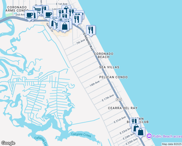 map of restaurants, bars, coffee shops, grocery stores, and more near 821 12th Avenue in New Smyrna Beach