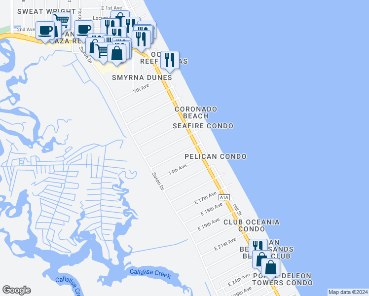 map of restaurants, bars, coffee shops, grocery stores, and more near 834 13th Avenue in New Smyrna Beach