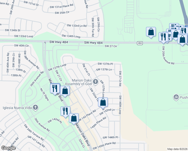 map of restaurants, bars, coffee shops, grocery stores, and more near 3236 Southwest 137th Loop in Ocala
