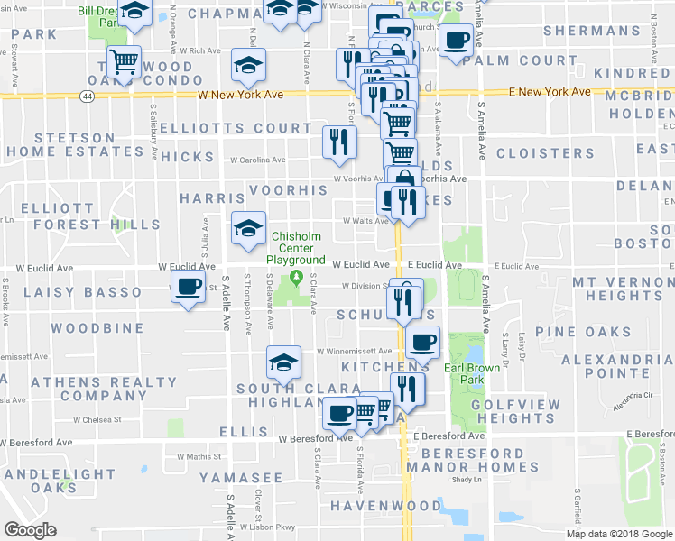 map of restaurants, bars, coffee shops, grocery stores, and more near 210 West Euclid Avenue in DeLand