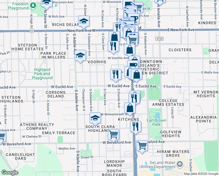 map of restaurants, bars, coffee shops, grocery stores, and more near 210 West Euclid Avenue in DeLand