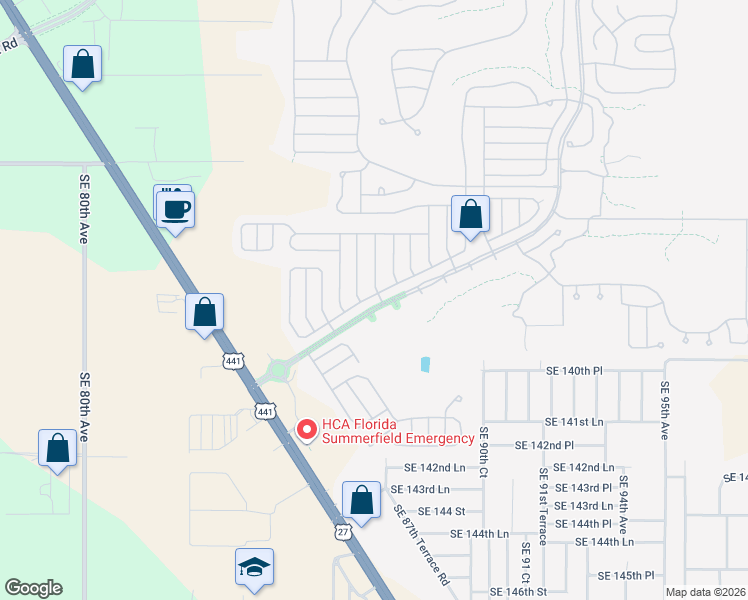 map of restaurants, bars, coffee shops, grocery stores, and more near 8740 Southeast 140th Place Road in Summerfield