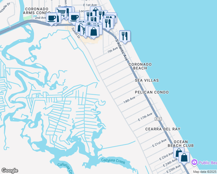 map of restaurants, bars, coffee shops, grocery stores, and more near 2101 Saxon Drive in New Smyrna Beach