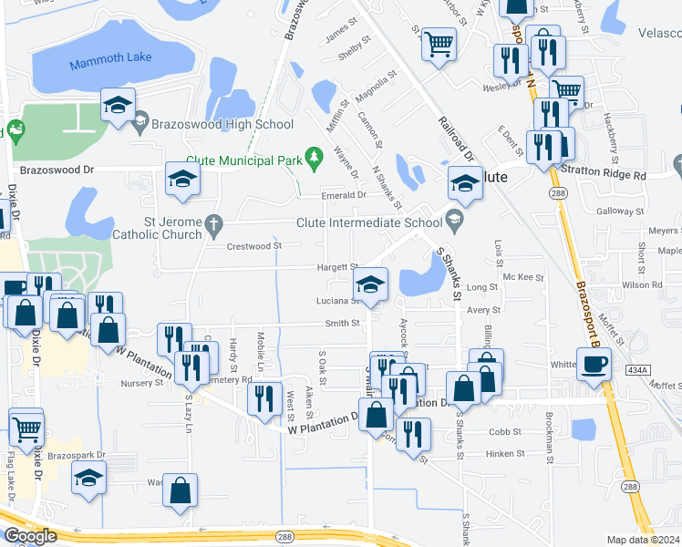 map of restaurants, bars, coffee shops, grocery stores, and more near 125 Hargett Street in Clute