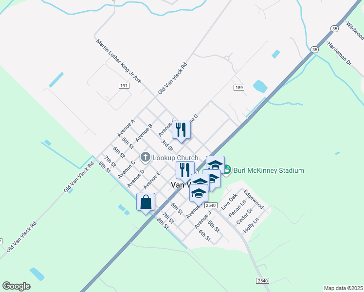 map of restaurants, bars, coffee shops, grocery stores, and more near 367 Avenue E in Van Vleck