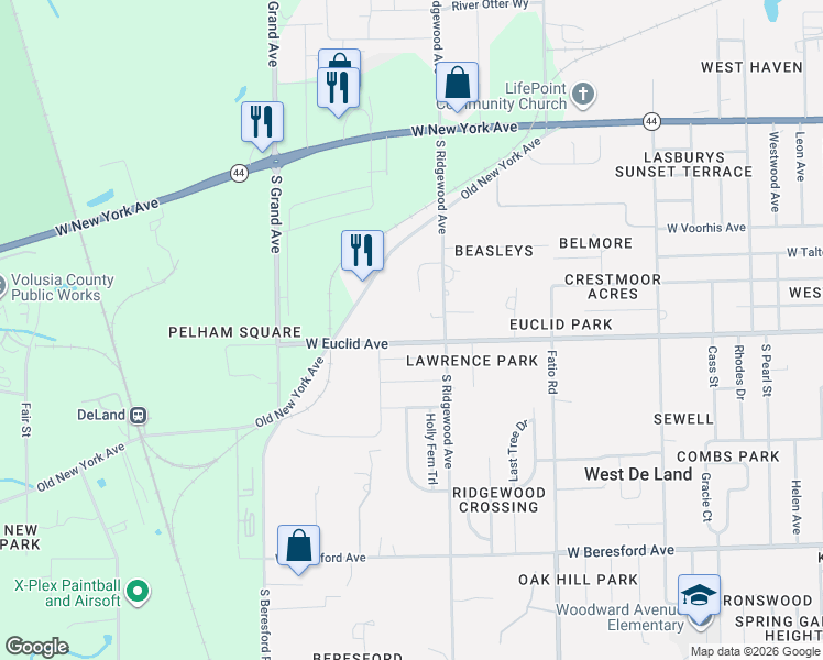 map of restaurants, bars, coffee shops, grocery stores, and more near 2015 West Euclid Avenue in DeLand