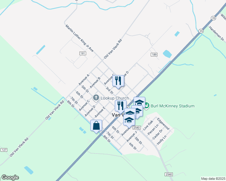 map of restaurants, bars, coffee shops, grocery stores, and more near 367 Avenue E in Van Vleck