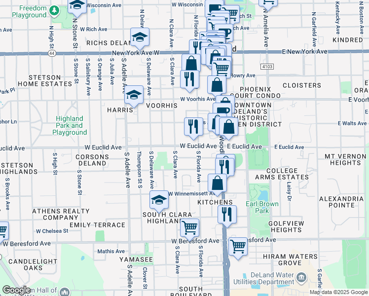 map of restaurants, bars, coffee shops, grocery stores, and more near 216 West Euclid Avenue in DeLand