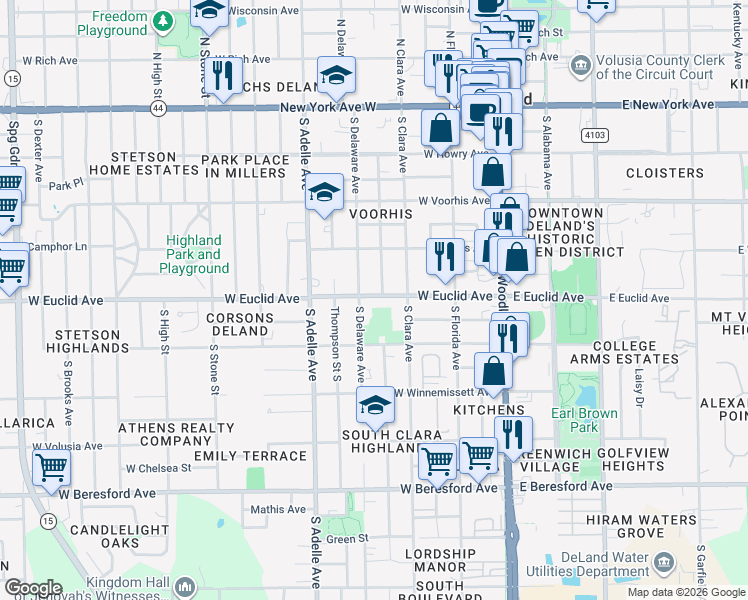map of restaurants, bars, coffee shops, grocery stores, and more near 501 South Delaware Avenue in DeLand